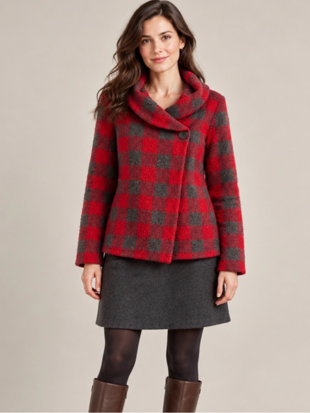 ELLEN TRACEY Red and Gray Checked Wool Wrap Sweater Cardigan Jacket